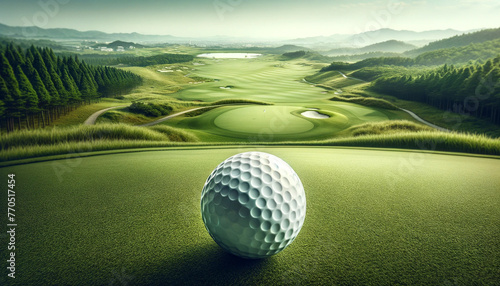 A panoramic, widescreen view focusing on a pristine white golf ball on the tee