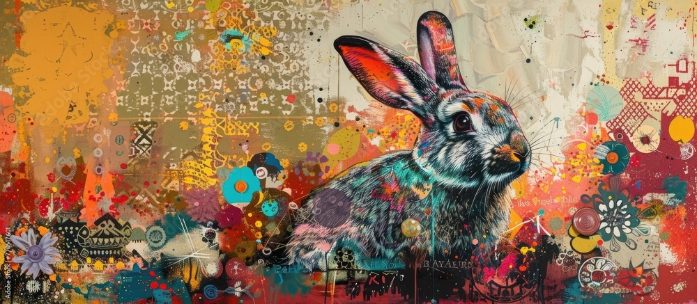 Vibrant and Whimsical Semi-Abstract Mixed Media Artwork Depicting a Chubby Rabbit Immersed in the Essence of Easter