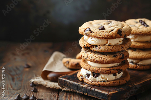 Chocolate chip cookie ice cream sandwiches stacked on a rustic wooden board.