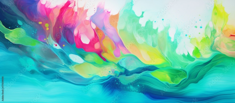 A vibrant painting featuring a closeup view of liquid magenta paint on a white canvas, with electric blue accents. The artwork incorporates patterns inspired by plant petals