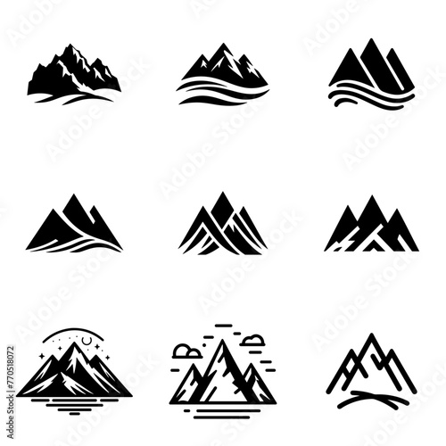 Mountain Majesty: A Set of 9 black Iconic Mountain Designs, Capturing Nature's Grandeur and Majesty in Simplistic Elegance.