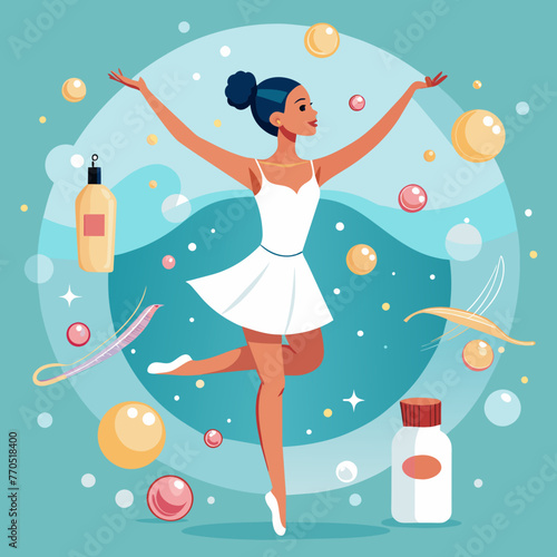 Graceful ballerina surrounded by floating bubbles, with ethereal beauty care products suspended in the air, capturing the essence of purity and gracefulness in skincare 