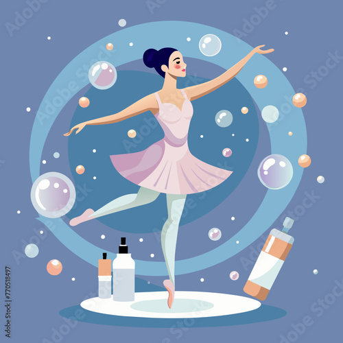 Graceful ballerina surrounded by floating bubbles  with ethereal beauty care products suspended in the air  capturing the essence of purity and gracefulness in skincare 