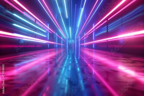 Abstract Pink and Blue Neon Lines on Dark Background, Futuristic Laser Rays Wallpaper, 3D Rendering © furyon