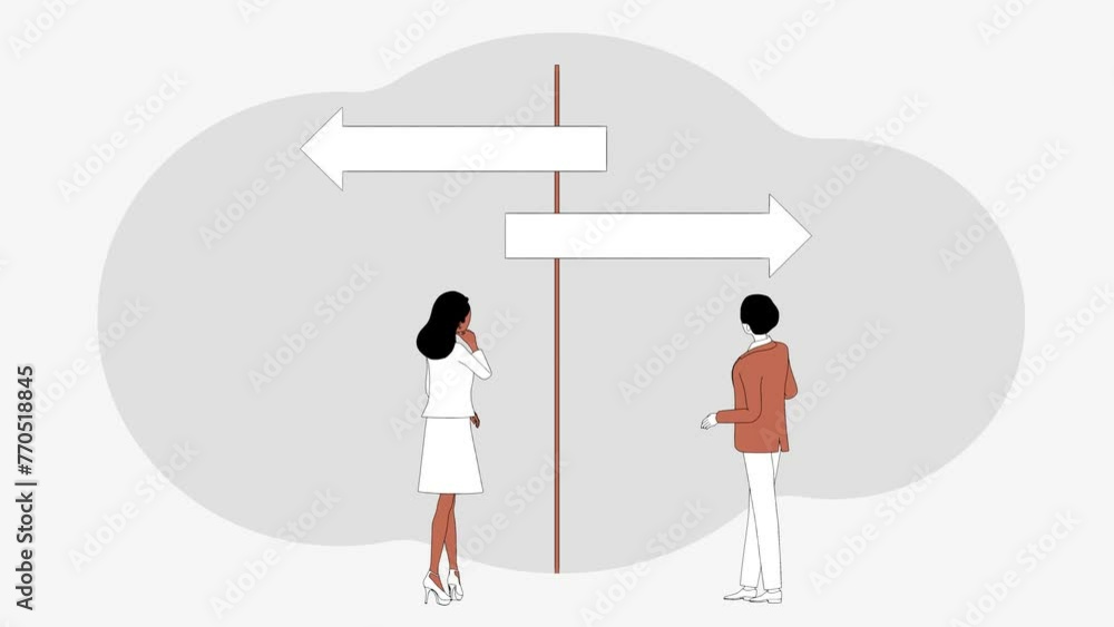 A businessman and a businesswoman stand at a crossroads with a forked signpost, deciding which way is the right way to go A businessman and a businesswoman stand at a crossroads with a forked signpost, deciding which way is the right way to go