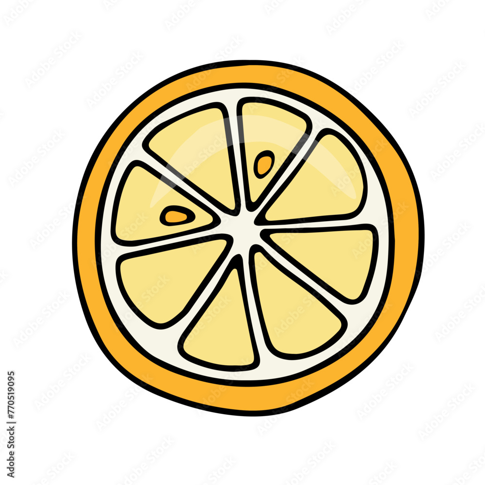 Vector drawing. Decorative image. Lemon slice cut, yellow, with seeds Vector drawing. Decorative image. Lemon slice cut, yellow, with seeds