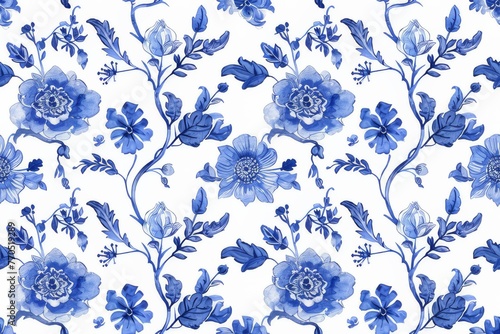 Watercolor Seamless pattern with blue and white photo