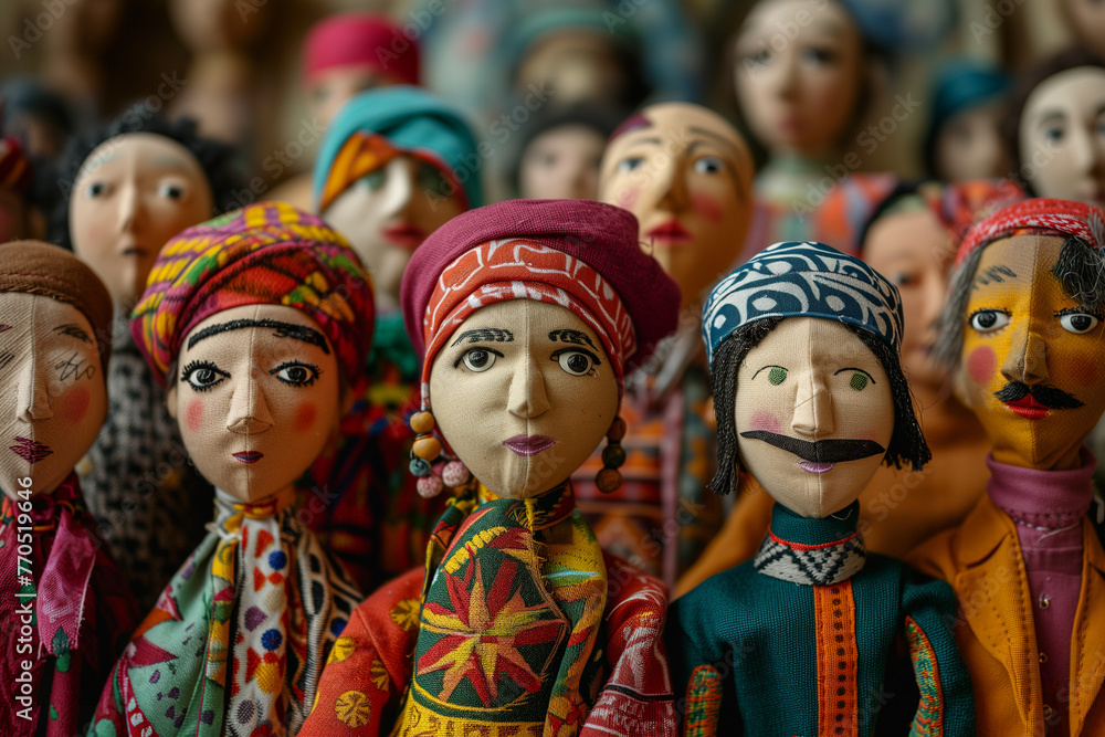 Global People diversity concept art shows in colorful puppet figures, Multi ethical and multi national handcrafted human figures standing in rows, Traditional handmade doll Souvenirs in fancy costumes Global People diversity concept art shows in colorful puppet figures, Multi ethical and multi national handcrafted human figures standing in rows, Traditional handmade doll Souvenirs in fancy costumes
