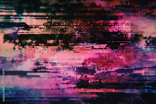 A blast from the past: A vibrant 4K image explodes with VHS glitch effects, pulsating with neon pink and blue hues, capturing the essence of 1980s style