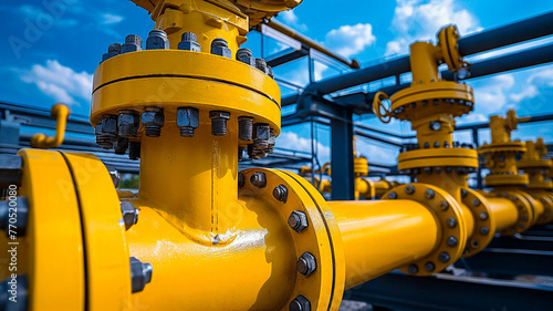yellow gas pipes and valves at industrial plant