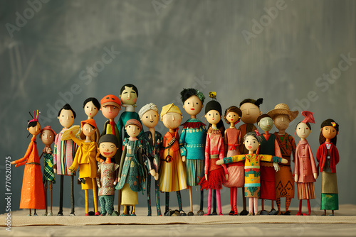 Global People diversity concept art shows in colorful puppet figures, Multi ethical and multi national handcrafted human figures standing in rows, Traditional handmade doll Souvenirs in fancy costumes