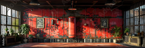  Boxing Ring With Punching Bag in the Middle,
 Closeup of boxer in boxing gloves to punching and fighting to his opponent