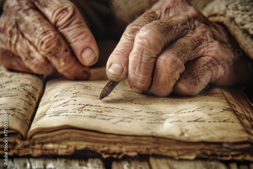 Elderly man's hand writing on antique manuscript, vintage illustration concept