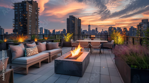 Cozy outdoor rooftop terrace with plush seating and a warm fire pit against a sunset cityscape