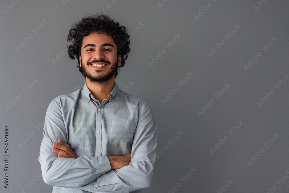 Photo of a young smiling Arab man with curly hair in a gray shirt, standing on a gray background with his arms crossed and looking at the camera. Photo of a young smiling Arab man with curly hair in a gray shirt, standing on a gray background with his arms crossed and looking at the camera.