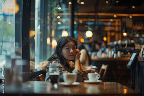 Young Korean woman thoughtful in a city cafe, warm bokeh lights, subtle earth tones, relaxed urban vibe © Studium L&M