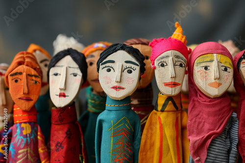 Global People diversity concept art shows in colorful puppet figures, Multi ethical and multi national handcrafted human figures standing in rows, Traditional handmade doll Souvenirs in fancy costumes © Ishra