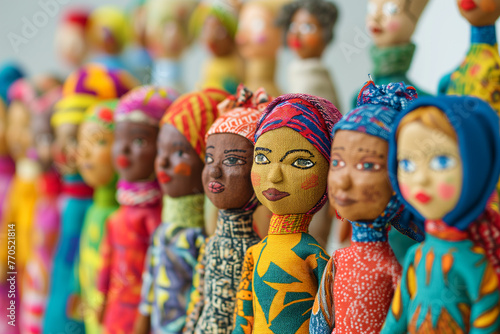 Global People diversity concept art shows in colorful puppet figures, Multi ethical and multi national handcrafted human figures standing in rows, Traditional handmade doll Souvenirs in fancy costumes