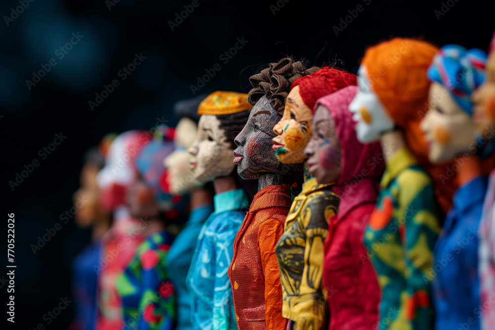 Global People diversity concept art shows in colorful puppet figures, Multi ethical and multi national handcrafted human figures standing in rows, Traditional handmade doll Souvenirs in fancy costumes