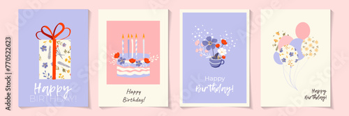 Set of lovely birthday cards design with cake, balloons, cute flowers typography design. Abstract universal artistic templates Poster, business card, invitation, flyer, banner, email header