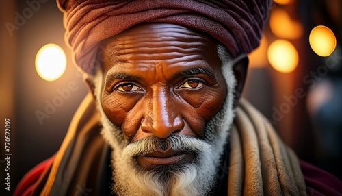Wisdom Illuminated: Elderly Man in Turban Amidst Glowing Lights