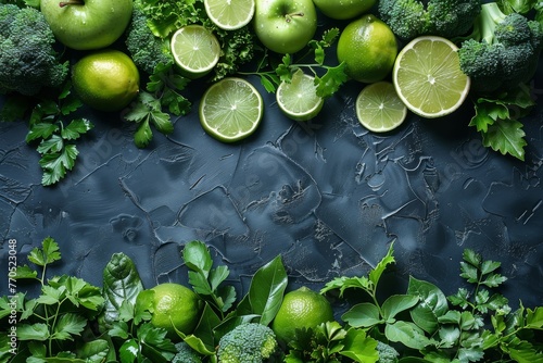 Banner with green apples, citruses, broccoli, greens, copy space