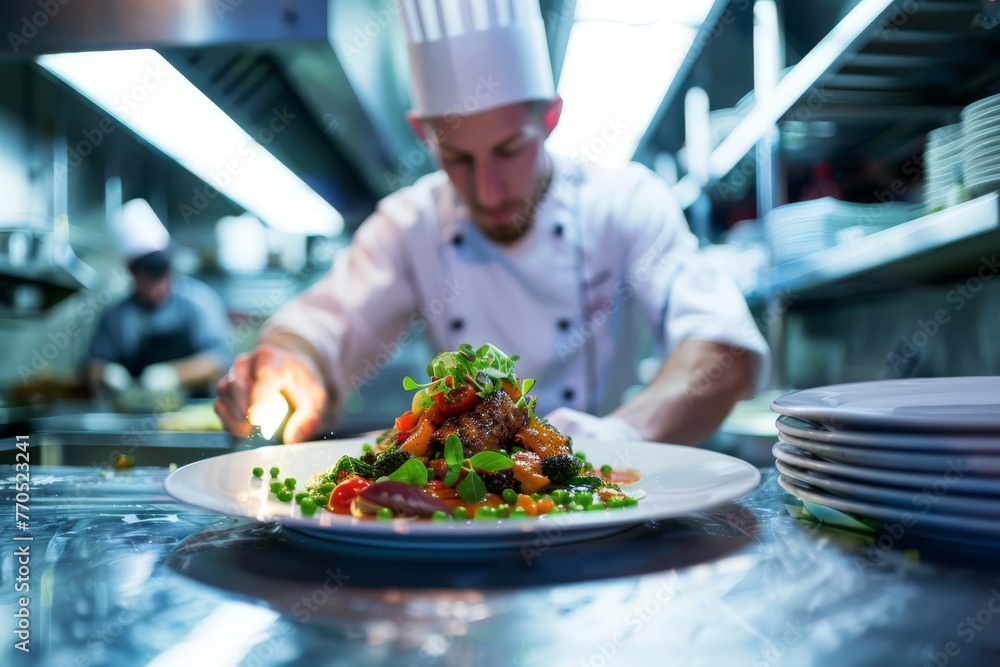 High-end restaurant kitchen with chef preparing gourmet dish, culinary arts scene