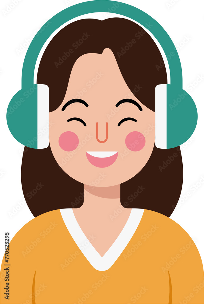 A woman wearing headphones and smiling. music day. A woman wearing headphones and smiling. music day.