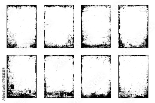 Set of the distressed vector grunge textures border isolated on white background. Old worn overlay distressed background. Vector illustration of rough, dirty, grainy design. 