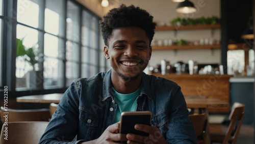 young african american man sitting in a cafe and looking at the phone photo