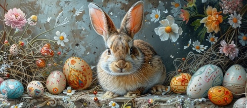 Endearing Rabbit Surrounded by Joyful Easter-Themed Doodles and in Charming Hand-Drawn Colored Pencil Art