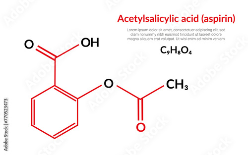 Aspirin, acetylsalicylic acid (ASA), molecular structure formula (C9H8O4), suitable for education or chemistry science content. Vector illustration
