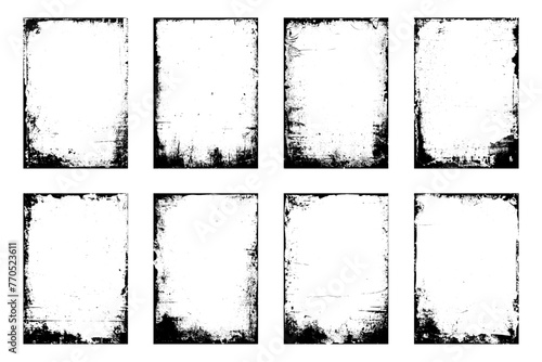 Set of the distressed vector grunge textures border isolated on white background. Old worn overlay distressed background. Vector illustration of rough, dirty, grainy design. 