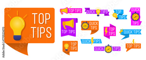 Quick tips shapes. Black - yellow speech bubble on white background with halftone effect. Quick tips, useful tricks logos, emblems and banners set isolated. Colorful tooltip, hint for website.
