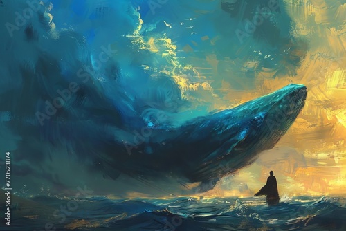Jonah's Spiritual Journey with the Majestic Whale, Biblical Allegory Illustration, Digital Painting