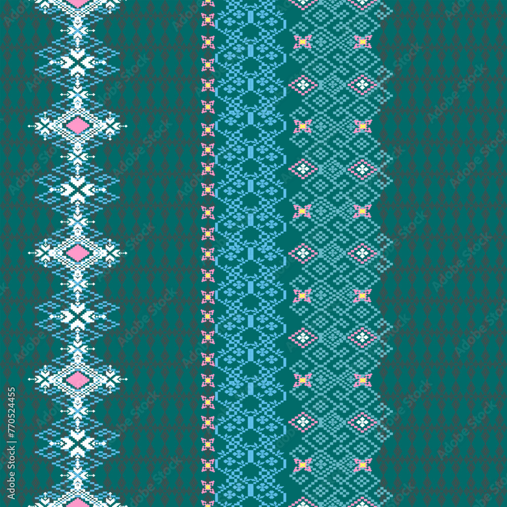 Traditional Thai cloth pattern Thai ethnic sarong Cross Stitch Pattern in Pixel Seamless Vector Vertical format. Using geometric shapes arranged in various shapes such as flowers and stars. Traditional Thai cloth pattern Thai ethnic sarong Cross Stitch Pattern in Pixel Seamless Vector Vertical format. Using geometric shapes arranged in various shapes such as flowers and stars.