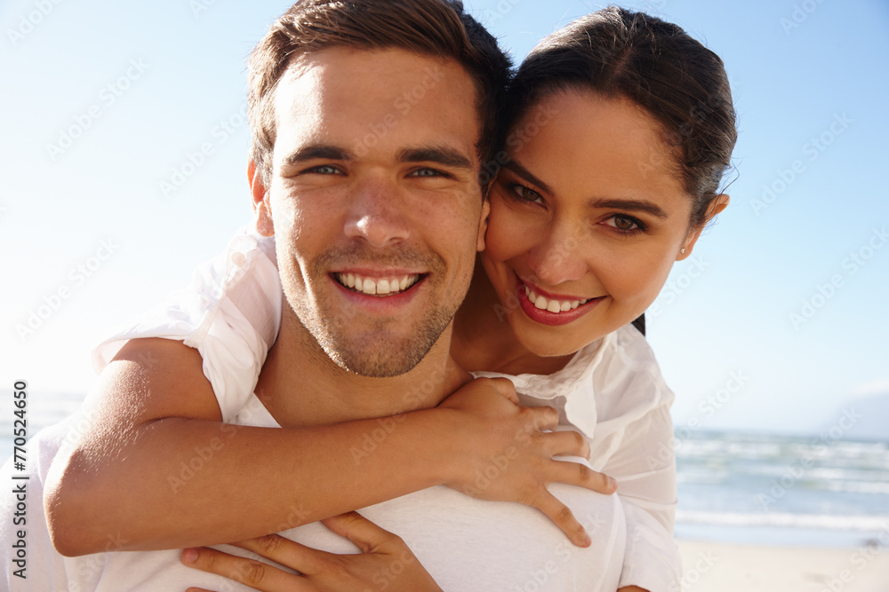 Portrait, people or piggyback to love, beach or date on romantic getaway in summer trip to Sydney. Couple, man or woman to hug, relax or care on seaside holiday as weekend of bonding together Portrait, people or piggyback to love, beach or date on romantic getaway in summer trip to Sydney. Couple, man or woman to hug, relax or care on seaside holiday as weekend of bonding together