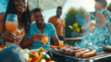 Group of friends having party outdoors. Focus on barbecue grill with food. 