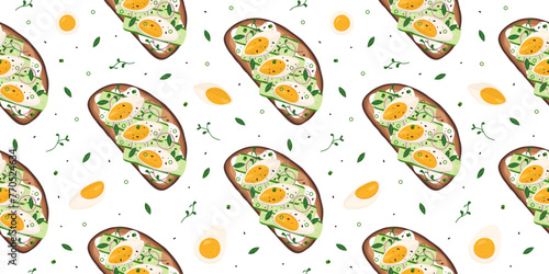 Pattern with bruschetta, boiled eggs and greenery