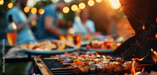 Group of friends having party outdoors. Focus on barbecue grill with food. 