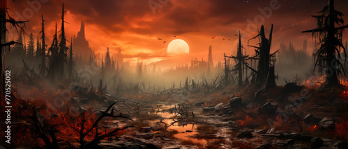 A dramatic, dystopian landscape at sunset, featuring silhouettes of destroyed trees and ruins with a large moon rising in the background