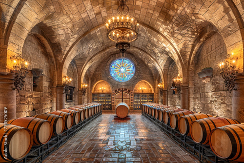 Elegant underground wine cellar featuring symmetrical rows of oak wine barrels  ambient golden lighting with chandeliers  and a cobblestone floor leading to a stained glass window at the end