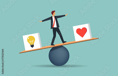 Human decision making concept between logics vs emotions on a seesaw, businessman trying to balance feeling and thinking