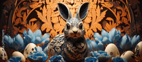 Ornate Woodcut of a Fluffy Bunny Emerging from an Elaborately Decorated Easter Egg with Eastern Asian Influences