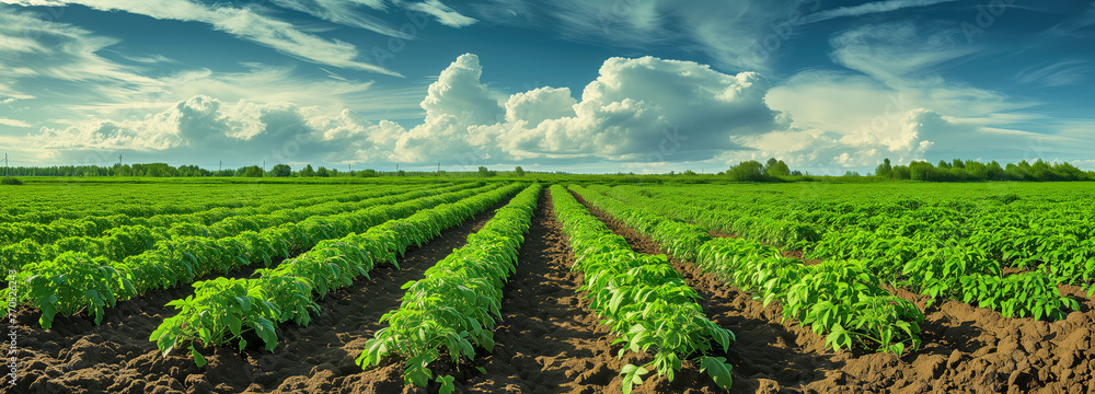 Panoramic View of Harvested Potato Field under a Blue Sky