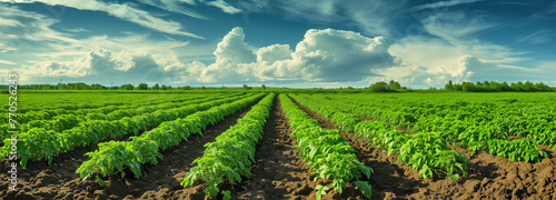 Panoramic View of Harvested Potato Field under a Blue Sky