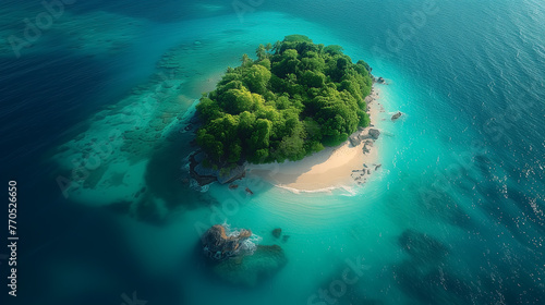 青い海に浮かぶ小島の空撮