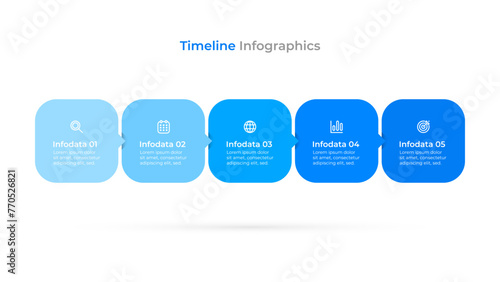 Five blue squares connected in an infographic concept with marketing icons and 5 options or steps. Vector illustration.