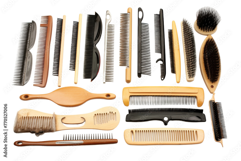 Assorted Hair Brushes and Combs Collection. On a White or Clear Surface PNG Transparent Background. Assorted Hair Brushes and Combs Collection. On a White or Clear Surface PNG Transparent Background.