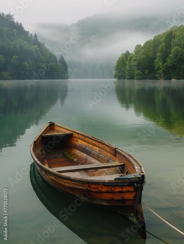 Wooden boats, a canoe on a calm lake and a fishing boat on a river wind through a green landscape under a summer sky